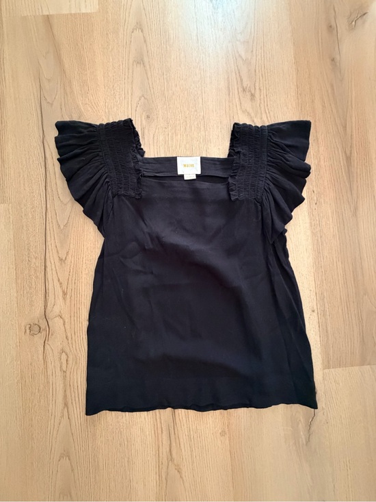 Maeve Tops - Maeve Black Square Neck Top with Ruffle Sleeves